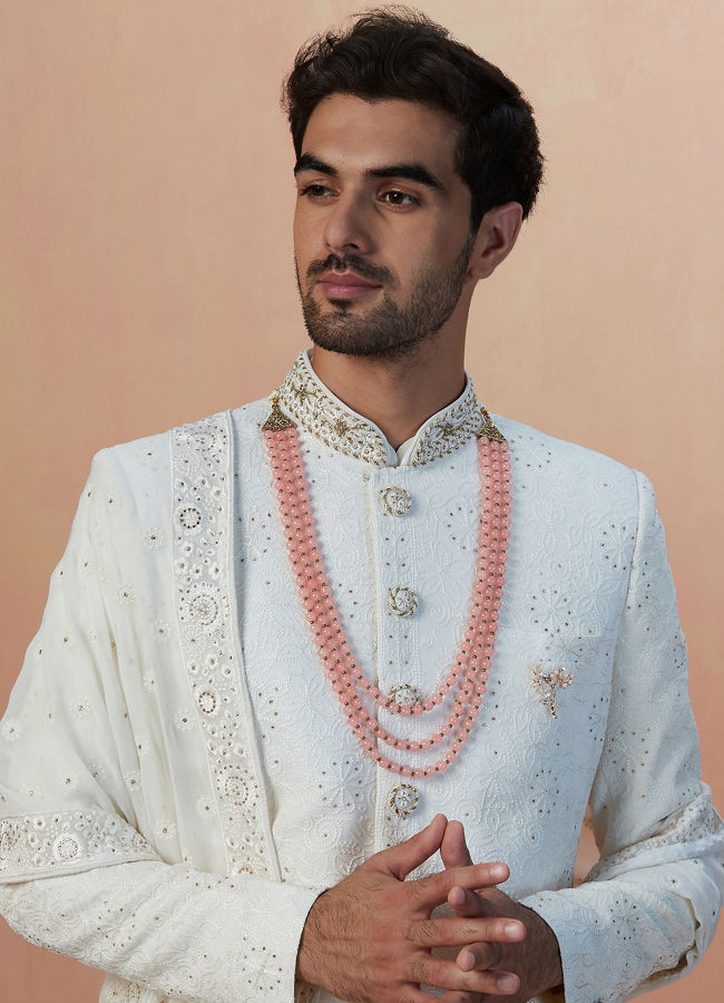 Pearl White Chikankari Sherwani With Dupatta image number 0